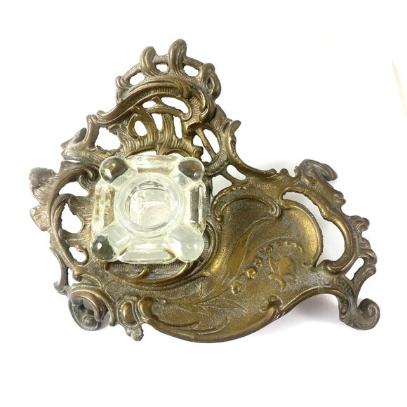 Antique Victorian Brass & Glass Inkwell Holder Desk Accessory With Ornate Design - Picture 4 of 9